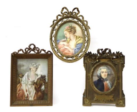 Three early 20th century portrait miniatures in gilt metal easel frames, one signed Denise (3)
