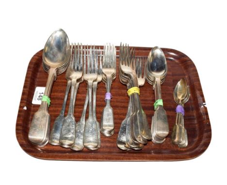 A tray of silver fiddle pattern flatware, eight William IV forks by James McKay assayed Edinburgh 1837, six Victorian forks b