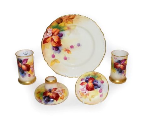 Five pieces of Royal Worcester painted by Kitty Blake with maple leaves, blossom and blackberries, comprising of a plate, thr