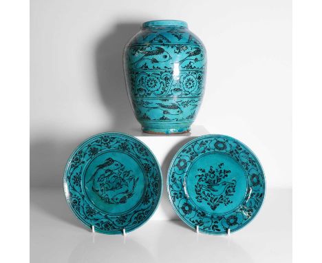 A Kubachi ware vase, late 19th century, of ovoid form, painted with stylised fish to a turquoise ground,26.3cm high,together 