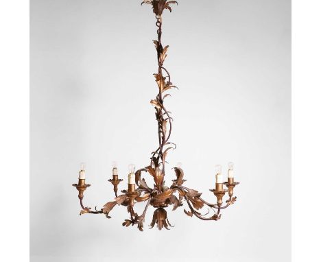 A gilt-metal six-light chandelier, late 19th century, French, the central column and branches decorated with leaves, leading 