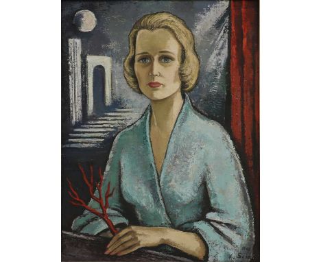 ▴ V V Schack (German, 20th century)  A surrealist-style portrait of Countess Kühlmann-Stumm, half-length, in a blue dress hol