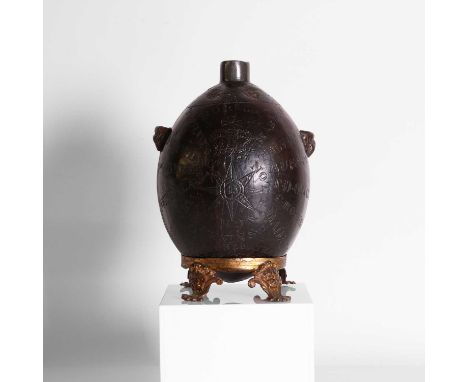 Peninsula War: a soldier's carved coconut powder flask, early 19th century, profusely carved and with the name 'J Stevinson',