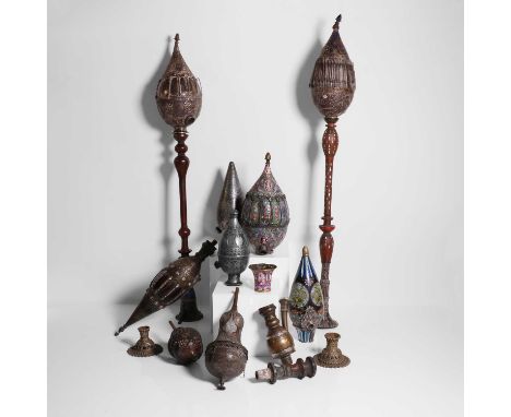 A collection of hookah pipes, 19th century, Persian, comprising:an enamelled silver qalyan, with blue enamel decoration and a