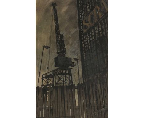 A mid-century painting of a scrapyard crane, indistinctly signed l.r., oil on board,92 x 56cmCondition ReportFramed: 99 x 64c