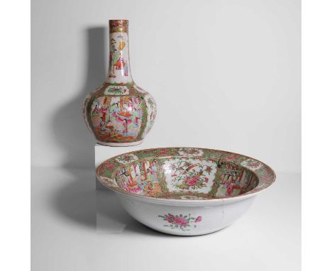 A large Chinese famille rose porcelain vase, 19th century, of globular form with a slender column neck, decorated with altern