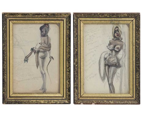 A pair of erotic drawings, mid-20th century, watercolour over pencil, pen and ink, with indistinct pencil inscriptions,14 x 9