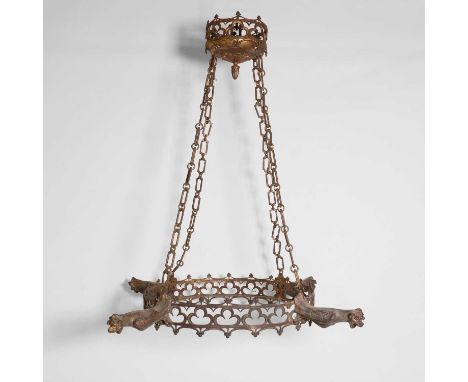 A Gothic gilded-brass four-light chandelier, 19th century, the ceiling rose and frame decorated with pierced trefoil motifs, 