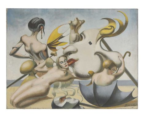 Thomas Diffley (20th century) A surrealist scene with three nudes on a beach with umbrellas and sculpture, in the manner of S