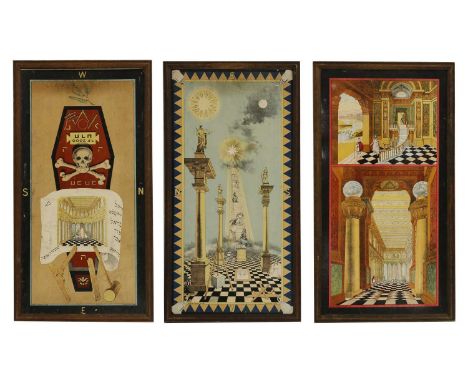 A set of three Masonic tracing boards, early 20th century, each with stylised imagery, printed on board, 60.5 x 30cm (3)  Tra