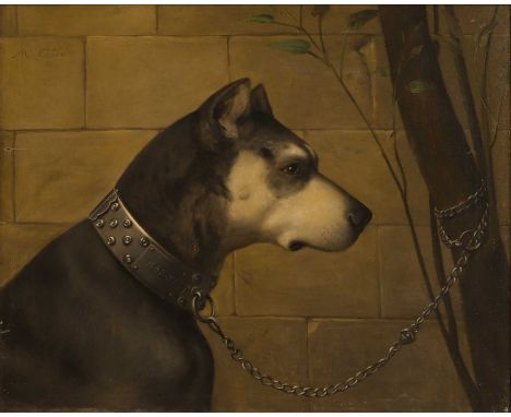 M... Leelle(?) (French, 19th century) 'Magot', a tethered dogindistinctly signed u.l., dated '1890' u.r., oil on canvas65 x 8