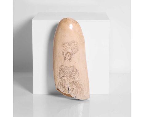 A scrimshaw-decorated sperm whale's tooth, mid-19th century, carved with a lady in a day dress and bonnet,15.5cm longConditio