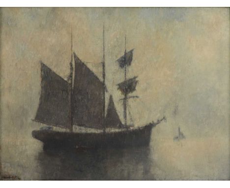 John Crampton Walker (Irish, 1890-1942) A schooner on a misty morningsigned and dated 'J. Crampton Walker 22' l.l., oil on ca
