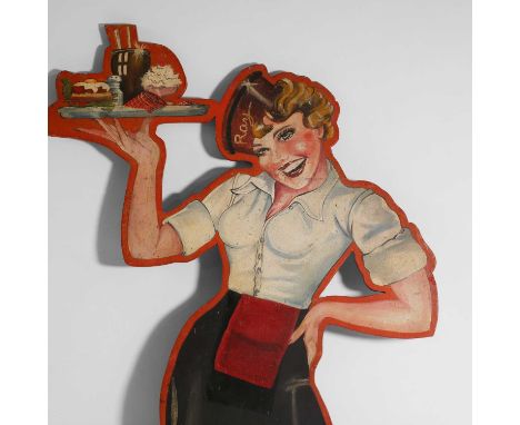 A painted cut-out diner sign, mid-20th century, American, painted as a waitress holding a food-laden tray and wearing roller 