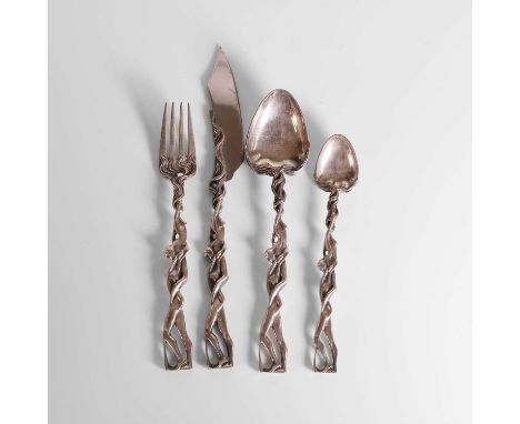 A set of silver Art Nouveau-style cutlery, 20th century, Spanish, comprising a knife, fork, tablespoon, and teaspoon, each ha