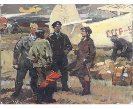 Willy Mokrozhitsky (1928-2006) Figures at an airfieldinscribed in Cyrillic and dated '1970' verso, oil on canvas board34.5 x 