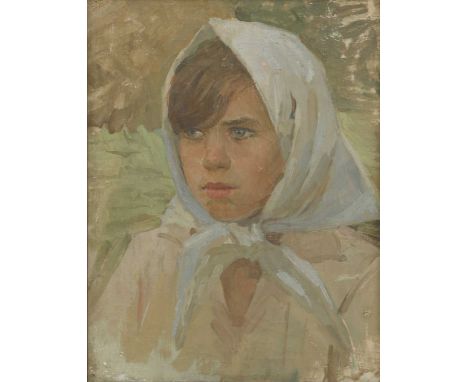 Nina Pavlovna Volkova (1917-1993) A young girl wearing a headscarfinscribed in Cyrillic and dated '1945' verso, oil on canvas