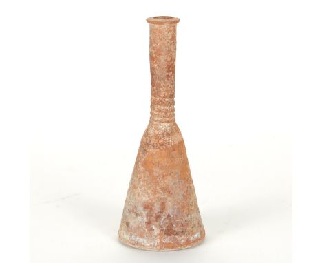 Ancient ceramic vessel, in a bell shaped form with a long neck with impressed spiral decoration.Provenance: Collection of Bru