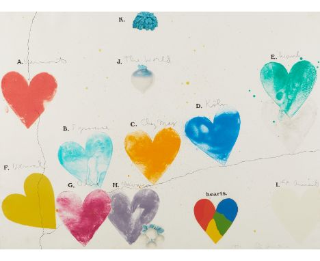 Jim Dine (American, b. 1935). Mixed media print titled the "World for Anne Waldman, 1972. Lithograph in colors, woodcut, scre