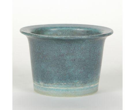Chinese robin's egg celadon crackle ceramic planter. The planter is formed with tall sides with a flaring lip, and has two ho