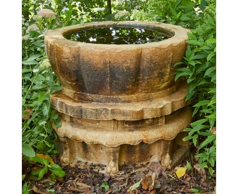 Chinese Qing Dynasty large marble foliate planter with stepped and fluted sides, likely 18th c. There is a chipped area along