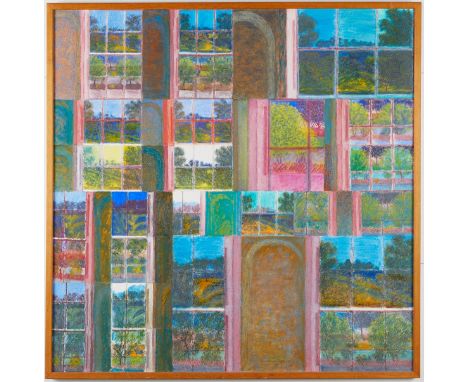 Adrian Berg (English, 1929-2011). Oil painting on canvas titled "3, Gloucester Gate," depicting many views out a pink window 