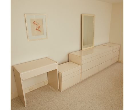Lane Furniture, United States. White lacquer bedroom set, made up of one dresser with attached mirror, two nightstands, and a