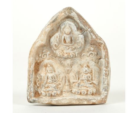 Southeast Asian stone relief featuring three seated figures arranged in a triangular composition.Provenance: Collection of Br
