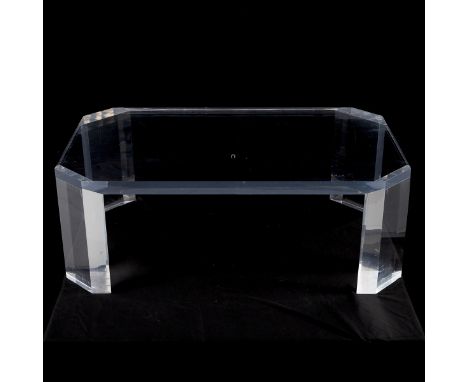 Lucite coffee table with beveled edges, similar to those produced by Charles Hollis Jones. Some light scratches to the lucite