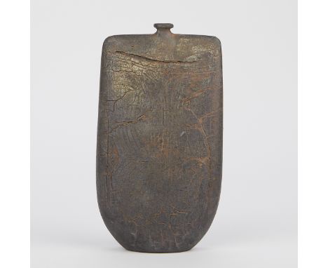 Peter Hayes (British, b. 1946). Contemporary studio pottery vessel in a flat, tapering form with a broad shoulder and highly 
