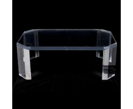 Lucite side table with beveled edges, similar to those produced by Charles Hollis Jones. Some light scratches to the lucite.P