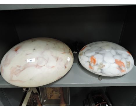Two vintage mottle and marble effect art deco period ceiling light shades 