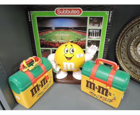 A selection of vintage M&Ms collectables and display, also Subbuteo game