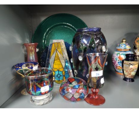 A selection of vintage hand painted bohemian style glass wares 