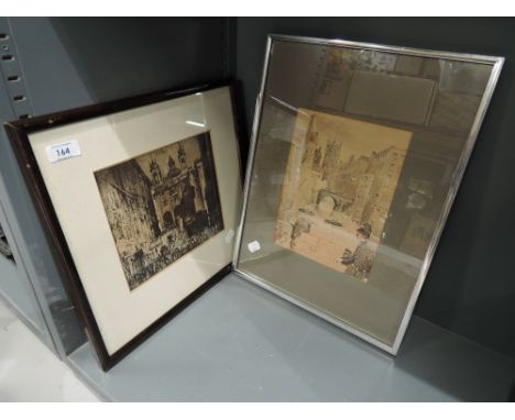 Two vintage prints one monochrome by Frank Brangwyn Genoa etc