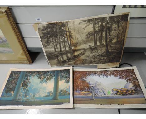 A selection of vintage Print including Art Deco pair