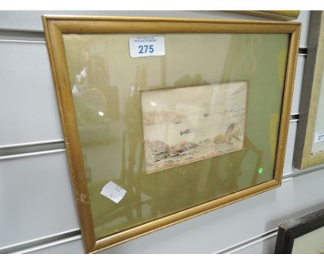 A small vintage watercolour depicting man fishing in boat