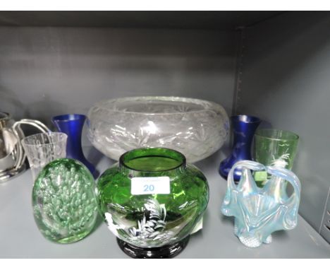 A selection of vintage glass wares including Dump, Carnival and hand painted