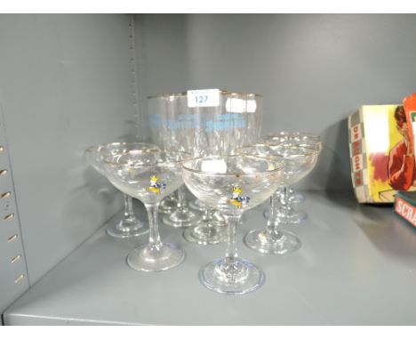 A selection of vintage cocktail glasses with transfer prints Babycham and Goldwell snowball