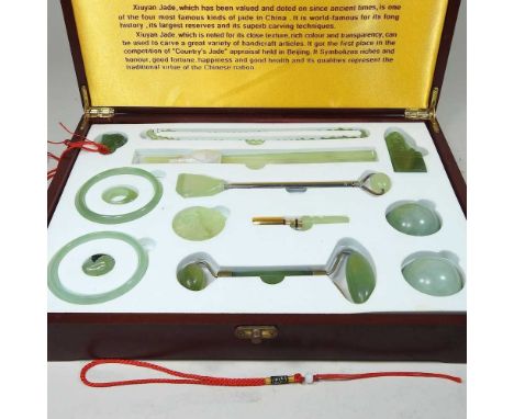 A set of modern Chinese carved jade items, cased