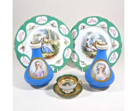 A pair of 19th century Sevres style porcelain plates, each decorated with a courting couple, within a green border, 24cm diam