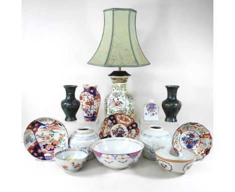 An 18th century Chinese porcelain tea caddy, 11cm high, together with various 18th century and later Chinese and Imari items