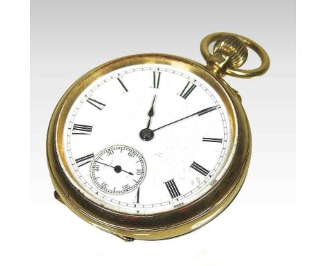 An 18 carat gold cased open faced pocket watch, with engine turned decoration, the white enamel dial with Roman hours and sub
