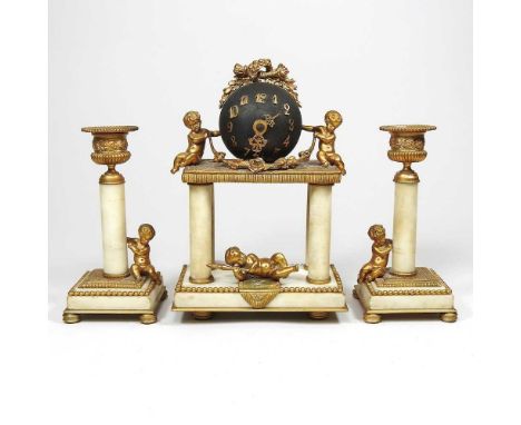 A 19th century French alabaster clock garniture, the central portico clock, surmounted by gilt cherubs, flanked by a pair of 