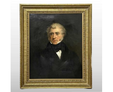 English school, 19th century, head and shoulders portrait of a gentleman, wearing a black coat, oil on canvas, 73 x 67cmA 4cm