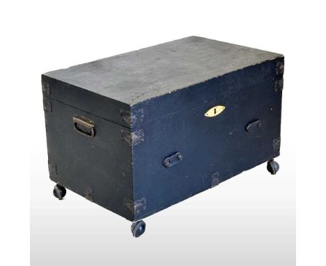 An early 20th century wooden travelling trunk, probably from a vintage car, on castors66w x 41d x 41d cm