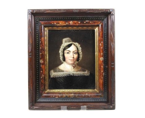 English School, 19th century head and shoulders portrait of a lady, oil on card, 24 x 19cm