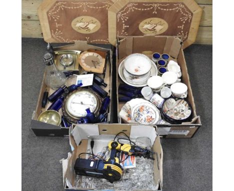 A collection of decorative china, together with an aneroid barometer, clocks, two marquetry panels and a glass claret jugOver