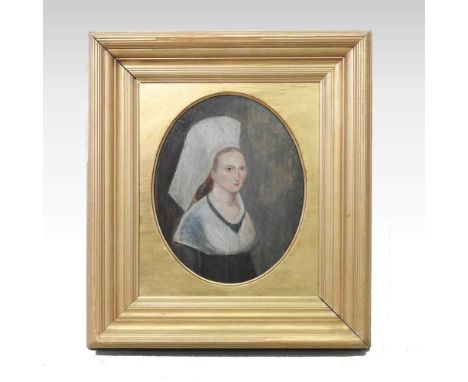 Continental School, 19th century, head and shoulders portrait of a young lady, oil on panel, 32 x 25cm oval