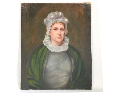 English School, 19th century, half length portrait of a lady, wearing a green coat, oil on canvas, 76 x 63cm, unframed